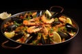 Delicious Spanish paella highlighting mussels and shrimps