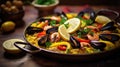 Delicious Spanish paella highlighting mussels and shrimps. Generative AI