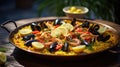 Delicious Spanish paella highlighting mussels and shrimps. Generative AI