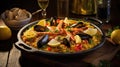 Delicious Spanish paella highlighting mussels and shrimps. Generative AI