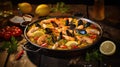 Delicious Spanish paella highlighting mussels and shrimps. Generative AI