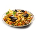 Delicious Spanish Paella with Seafood on a Plate Isolated on White Background .