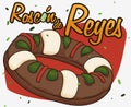 Delicious Spanish `Roscon de Reyes` with Fava Bean for Epiphany, Vector Illustration