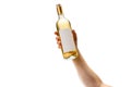 Cropped image of male hand holding bottle of white wine isolated over white background Royalty Free Stock Photo