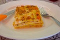 A delicious special dish from Italian cousine - lasagne. Italian pasta on white plate, seafood lasagna with cheese and besciamella Royalty Free Stock Photo