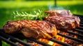 Delicious spiced fried steak cooked on a flaming grill