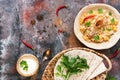 Delicious spicy chicken biryani on a rustic background with spices, Traditional spicy indian food, Iftar meal. Top view,flat lay.