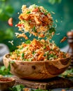 Delicious Spicy Chicken Biryani Soaring from Wooden Bowl on a Rustic Table with Vibrant Green Background, Traditional Indian