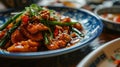 Delicious spicy chicken stir-fry served on a traditional plate