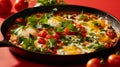 Delicious spicy eggs in a skillet with fresh herbs