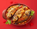 Delicious Spicy Grilled Fish with Herbs and Chili on Red Background Traditional Cuisine