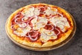 Delicious and spicy pizza Pugliese made of tomatoes, cheese, red onion and oregano closeup on the wooden board. Horizontal Royalty Free Stock Photo