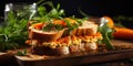 Delicious spicy sandwich of whole grain bread with fried carrots 3