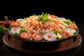 Delicious spicy seafood salad on black plate with colorful vegetables copy space available