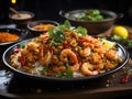 Delicious Spicy Shrimp Pad Thai with Peanuts and Cilantro Royalty Free Stock Photo