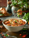 Delicious Spicy Shrimp Pasta in Tomato Sauce with Herbs and Garlic, Gourmet Seafood Meal