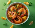 Delicious Spicy Shrimp Soup with Potatoes and Green Peas on a Green Background with Lemon and Herbs Royalty Free Stock Photo