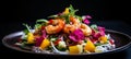 Delicious spicy thai seafood salad on black plate with pastel background and copy space