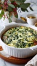 Delicious spinach and cheese quiche in white ceramic dish on marble table Royalty Free Stock Photo