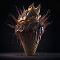 Delicious splash ice cream cone design with exploding and liquify chocolate pieces. Isolated sundae on clean background
