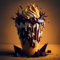 Delicious splash ice cream cone design with exploding and liquify chocolate pieces. Isolated sundae on clean background