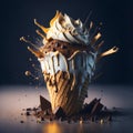 Delicious splash ice cream cone design with exploding and liquify chocolate pieces. Isolated sundae on clean background