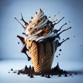 Delicious splash ice cream cone design with exploding and liquify chocolate pieces. Isolated sundae on clean background