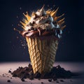 Delicious splash ice cream cone design with exploding and liquify chocolate pieces. Isolated sundae on clean background