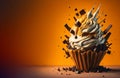 Delicious splash ice cream cone design with exploding and liquify chocolate pieces. Isolated sundae with space for text