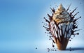 Delicious splash ice cream cone design with exploding and liquify chocolate pieces. Isolated sundae with space for text
