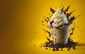 Delicious splash ice cream cone design with exploding and liquify chocolate pieces. Isolated sundae with space for text