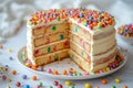 Delicious sponge cake with cream decorated with colored round dragee candies. Baking for a special occasion. Happy birthday