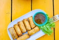 delicious spring rolls on a yellow table - happy meal Royalty Free Stock Photo
