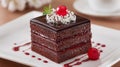 Delicious square slice of Black Forest cake with chocolate and cherry Royalty Free Stock Photo