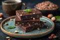 Delicious stack of chocolate brownies with mint and hazelnuts accompanied by coffee and nuts Royalty Free Stock Photo