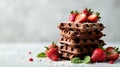 A delicious stack of chocolate waffles topped with fresh strawberries and a light dusting of powdered sugar, creating a delectable Royalty Free Stock Photo
