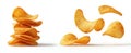 The delicious stack of crispy potato chips with floating pieces. AI generated image Royalty Free Stock Photo