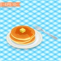 Delicious stack of hot pancakes with sweet honey, maple syrup. on a plate with fork.