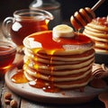 Delicious stack of pancakes drizzled with honey, served on a rustic wooden plate with nuts and a jar of honey.