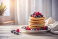 Delicious stack of pancakes topped with raspberries and blueberries on a wooden table. Generative AI Royalty Free Stock Photo
