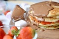 Stack of Pancakes With Chocolate Sauce and Strawberries Royalty Free Stock Photo