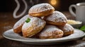 Delicious Powdered Sugar Beignets Served on a Plate, A Sweet Treat Delight Royalty Free Stock Photo