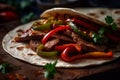Delicious steak fajitas with grilled peppers and onions light background, generative AI