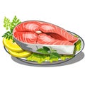 Delicious steak of red fish with salad and lemon