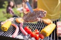 Delicious steak, sausages and fresh vegetables on BBQ Royalty Free Stock Photo