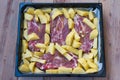 delicious steaks with baked potatoes, ready to go into the oven Royalty Free Stock Photo