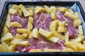 delicious steaks with baked potatoes, ready to go into the oven Royalty Free Stock Photo