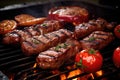 Delicious steaks and juicy tomatoes sizzling and cooking to perfection on a grill, Beef steak and sausages on a barbecue grill,