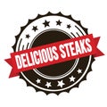 DELICIOUS STEAKS text on red brown ribbon stamp