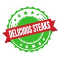 DELICIOUS STEAKS text on red green ribbon stamp